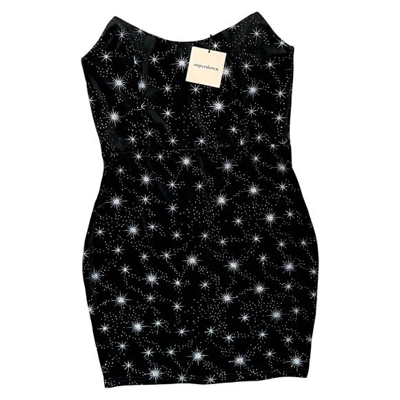 Superdown Black Silver Atomic Star Velvet Metallic Strapless Dress Sz M NEW Tags - Picture 4 of 10